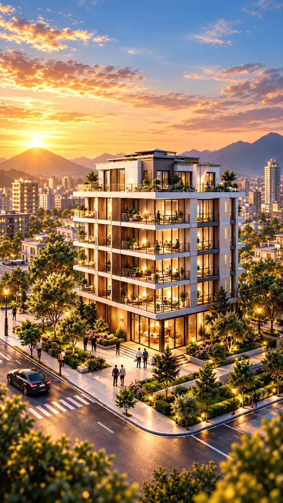 A contemporary mid-rise residential building on a landscaped corner plot at sunset, its balconies and ground-floor spaces lit, with a city and mountains beyond.