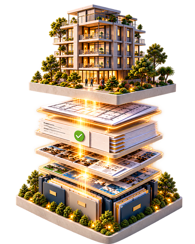 A building resting on the layered record of its construction