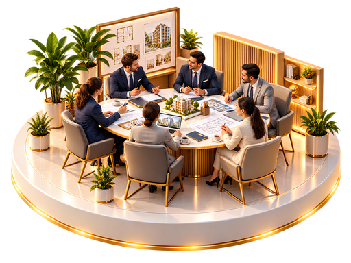 A council meeting around drawings and a building model
