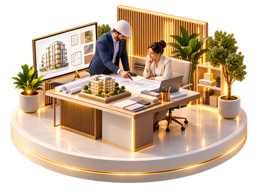 A contractor and a colleague reviewing drawings and a model