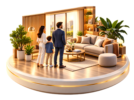 A family at home in their living room