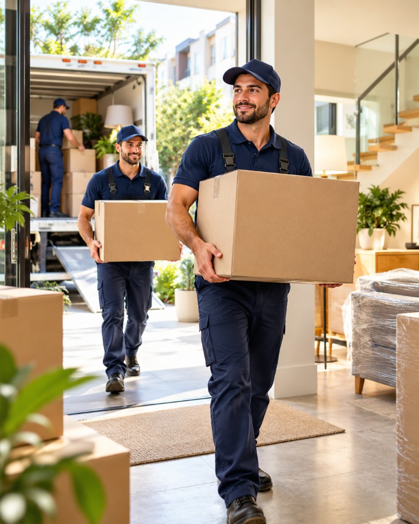 Movers carrying belongings into a home