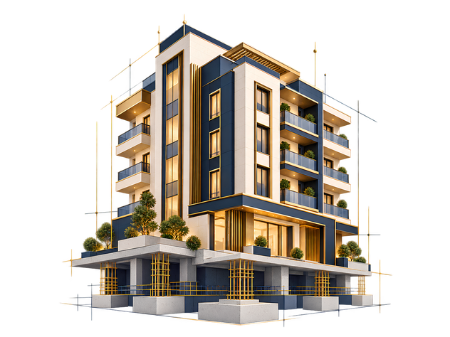 An apartment building drawn over its construction lines